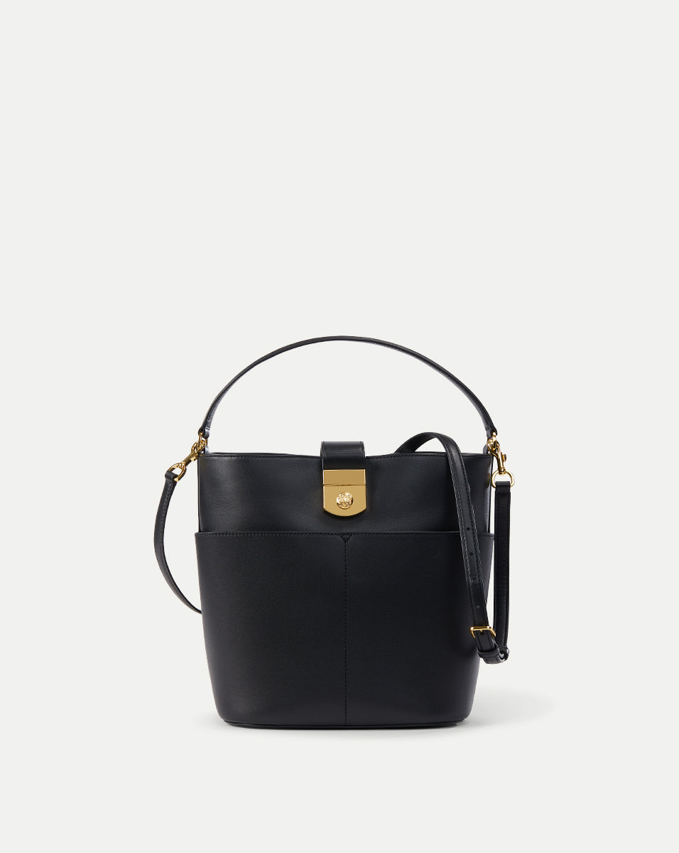 Small Leather Bucket Bag with Crest-Lock Closure | H2408HL101Y020
