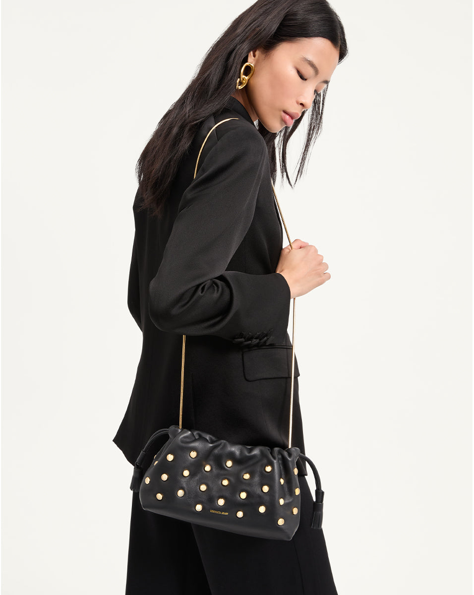 Small Leather Studded Pouch Bag with Gold Straps | Veronica Beard