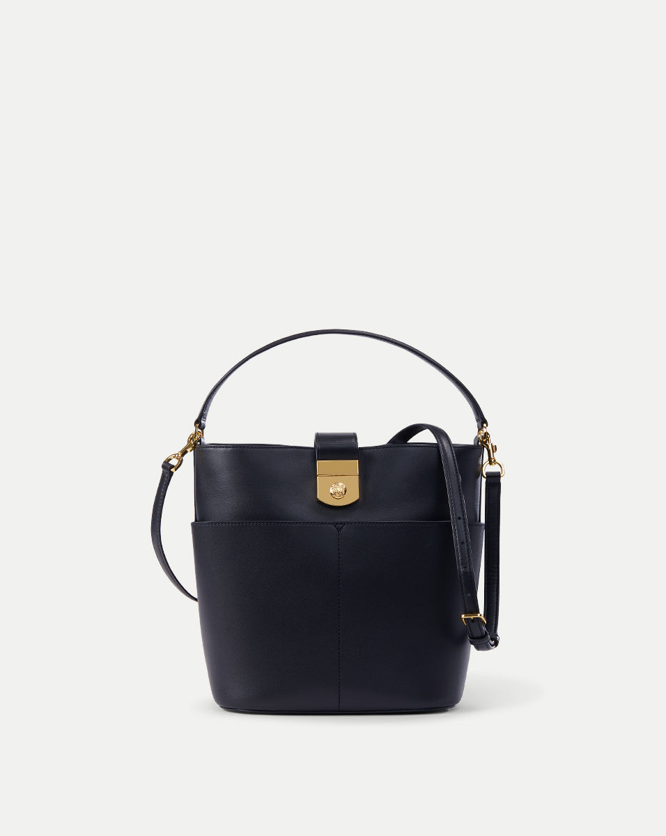 Small Leather Bucket Bag with Crest-Lock Closure | H2408HL101Y020