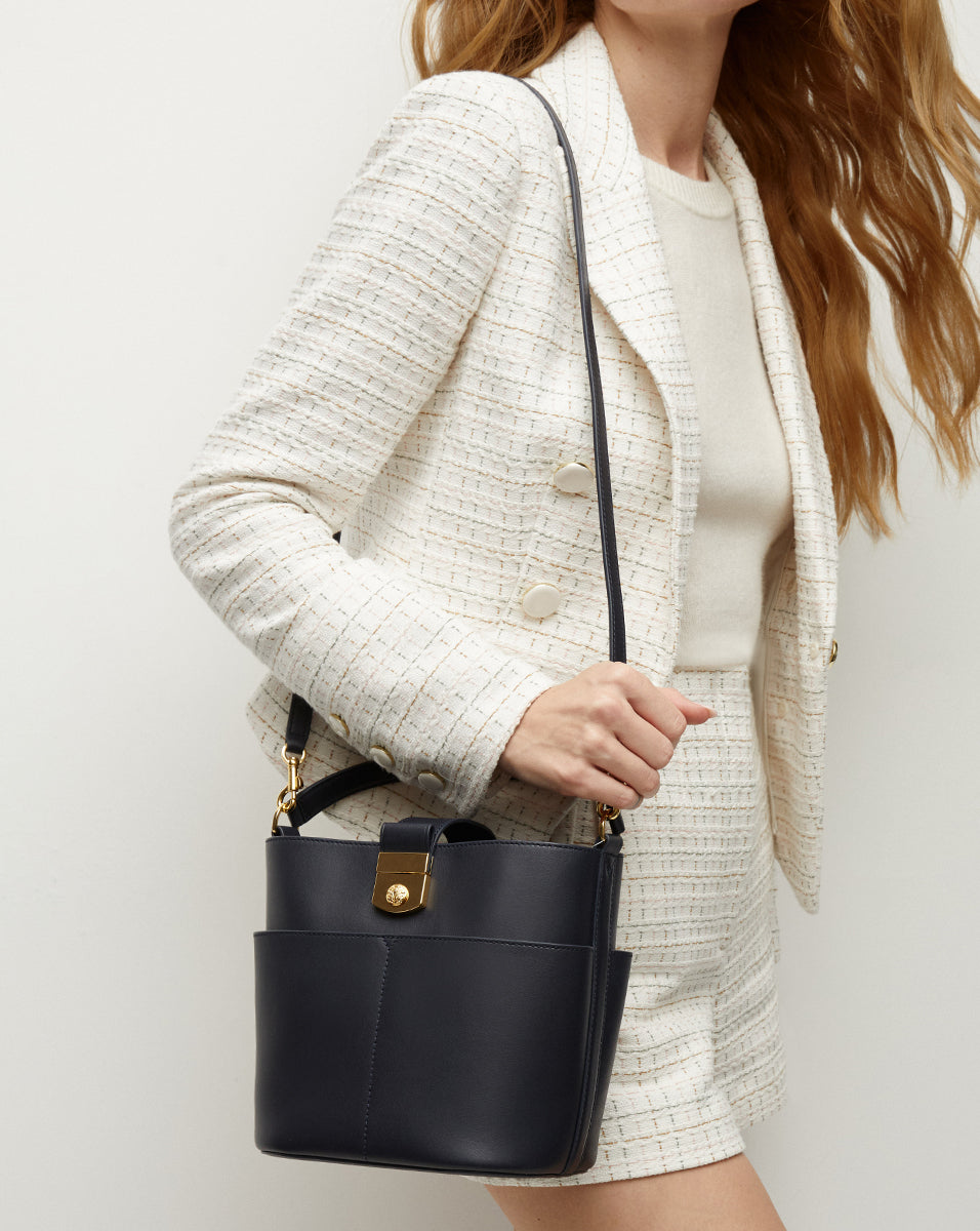 Small Leather Bucket Bag with Crest-Lock Closure | H2408HL101Y020