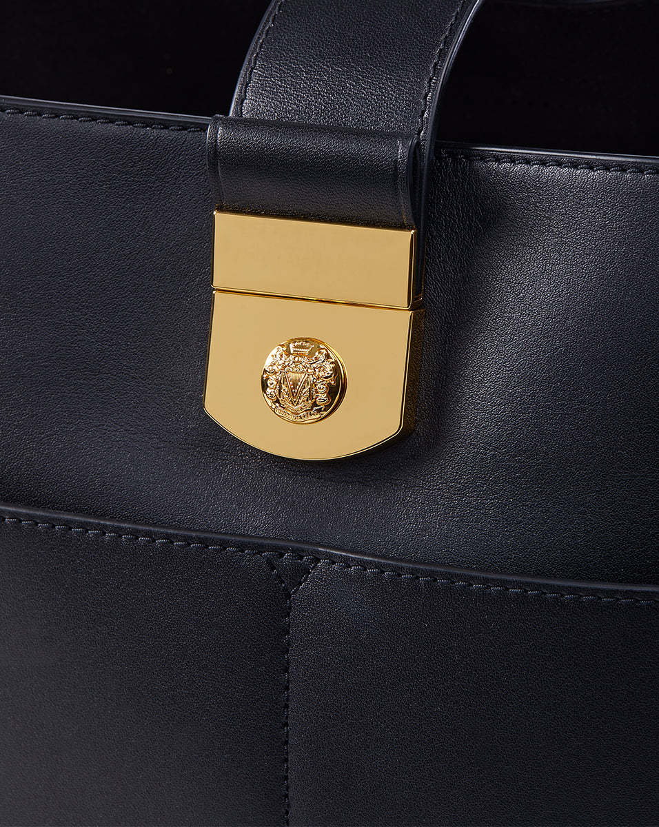 Small Leather Bucket Bag with Crest-Lock Closure | H2408HL101Y020