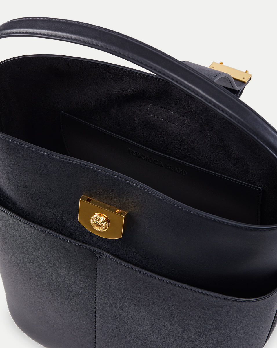 Small Leather Bucket Bag with Crest-Lock Closure | H2408HL101Y020