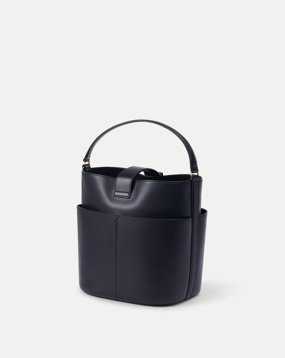Small Leather Bucket Bag with Crest-Lock Closure | H2408HL101Y020