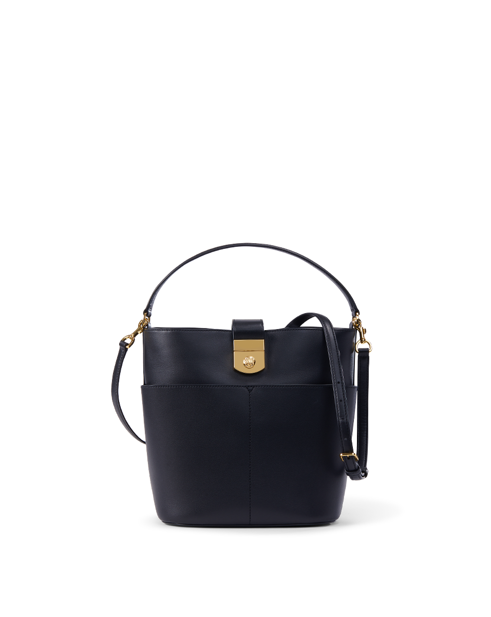 Small Leather Bucket Bag with Crest-Lock Closure | H2408HL101Y020