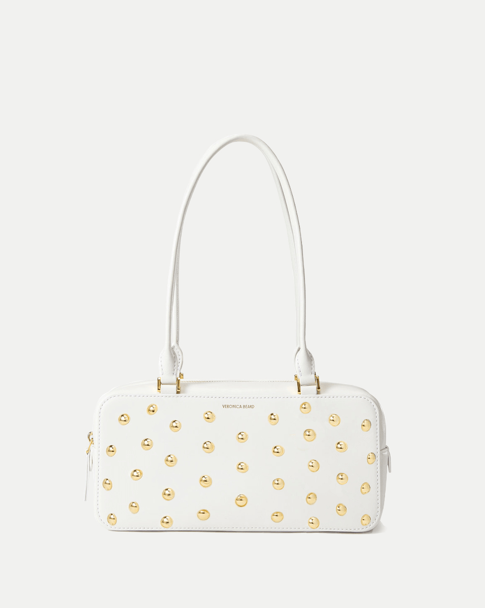 White Leather Studded Shoulder Bag with Zip Pocket | Boxy Handbag