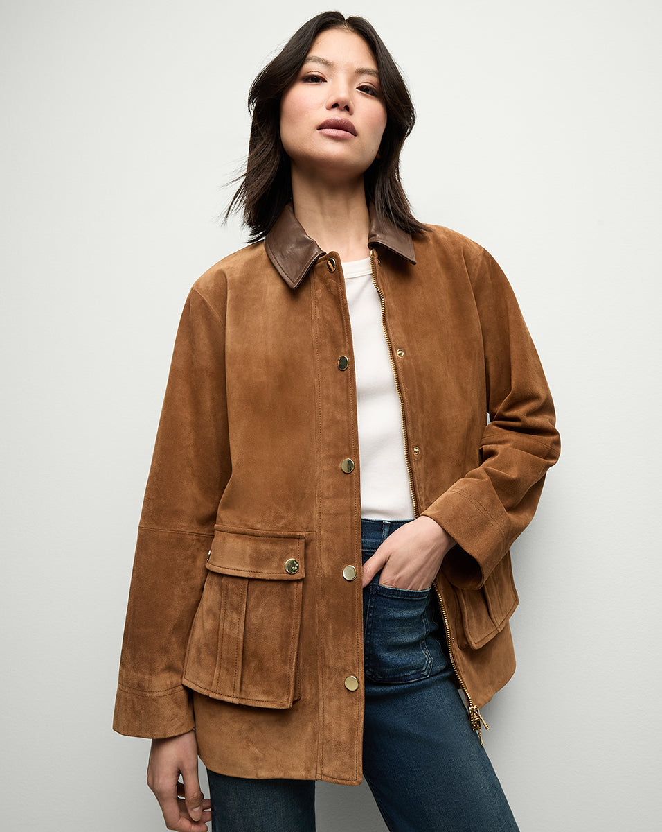 Italian Suede Chore Coat with Leather Collar | Suz Dickey Jacket