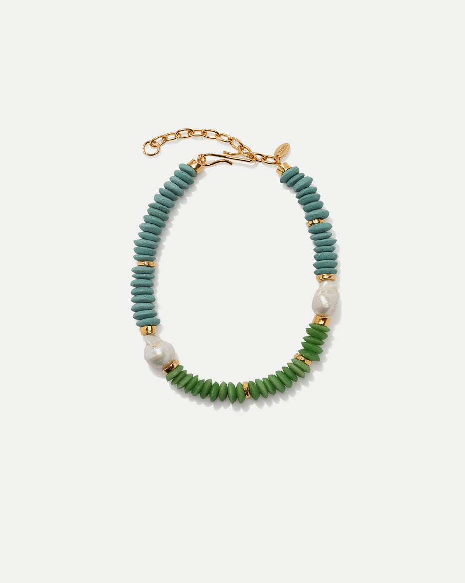 Pistachio Green & Blue Glass Bead Necklace with Pearls | Lizzie Fortunato