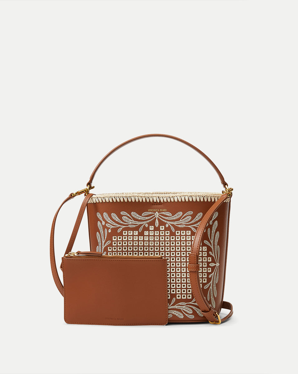 Leather Whipstitch Bucket Bag with Shoulder Strap | Eyelet Feedbag