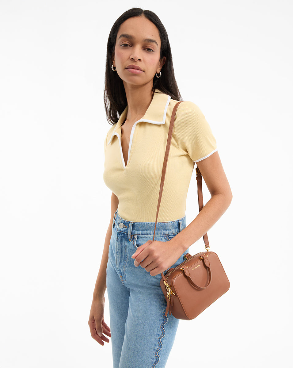 Leather Top-Handle Crossbody Bag with Gold Hardware | Boxy
