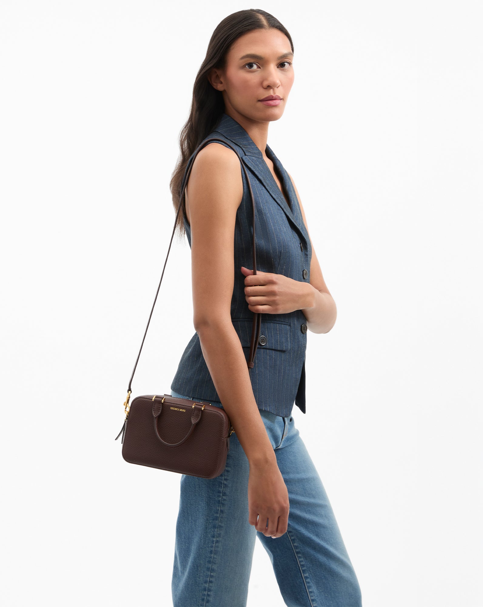 Leather Top-Handle Crossbody Bag with Gold Hardware | Boxy
