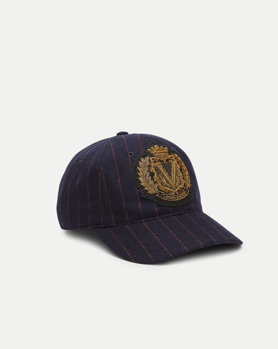 Pinstripe Wool Baseball Cap with Gold Crest | Logo Embroidered