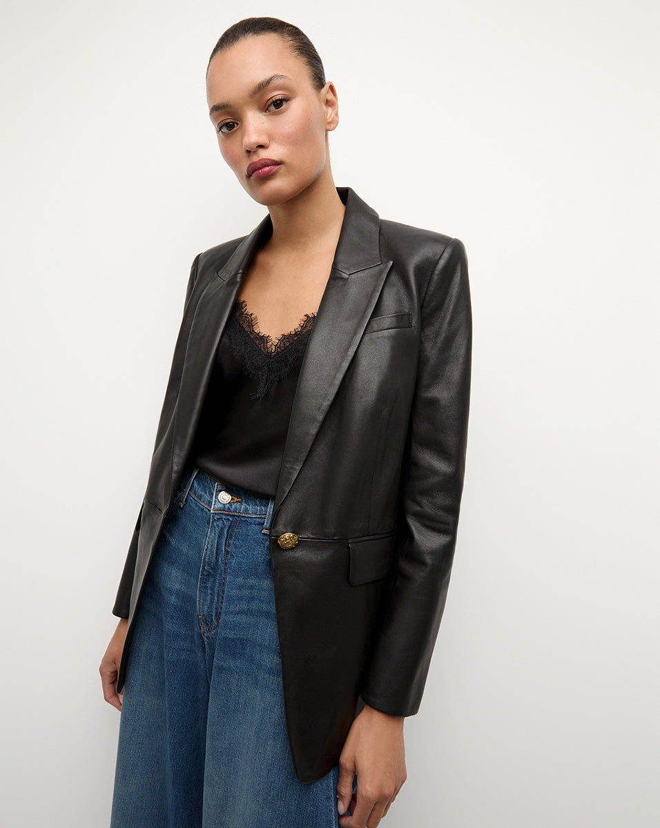 Vega Leather Blazer Jacket with Peak Lapel & Dickey | Lambskin