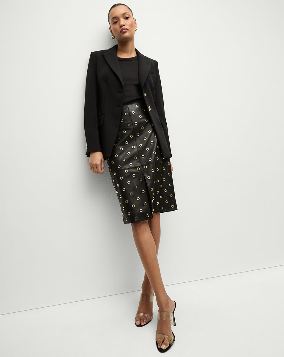 High-Waisted Leather Skirt with Slit & Gold Grommets | Anderson
