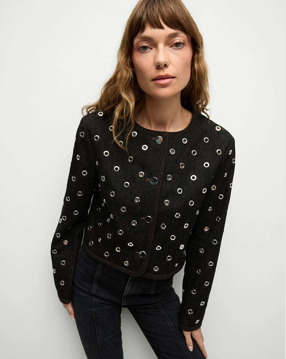 Studded Denim Jacket with Silver Grommets | Beale Cropped Style