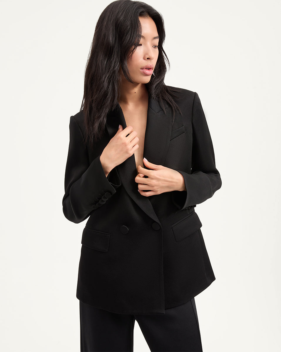 Pink Elongated Blazer with Double-Breasted Silhouette | Sevyn Jacket