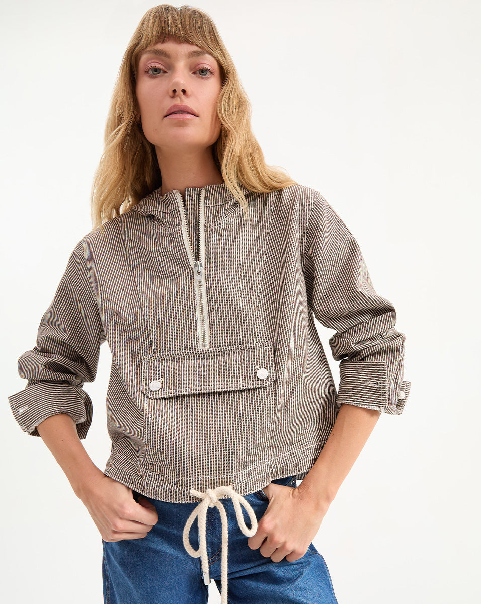 Striped Denim Pullover Jacket with Hoodie & Drawcord Waist | Kaeli