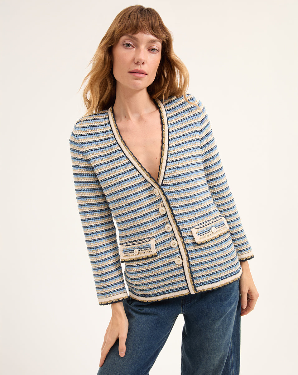Striped Cotton Knit Jacket with V-Neck & Flap Pockets | Ceriani