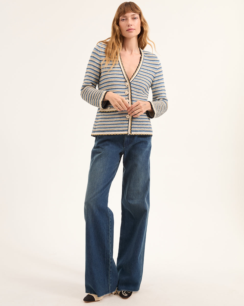 Striped Cotton Knit Jacket with V-Neck & Flap Pockets | Ceriani