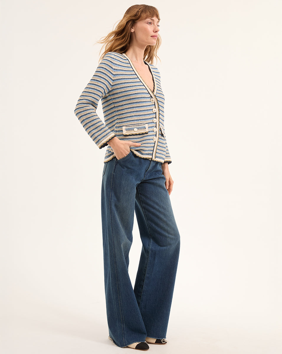 Striped Cotton Knit Jacket with V-Neck & Flap Pockets | Ceriani