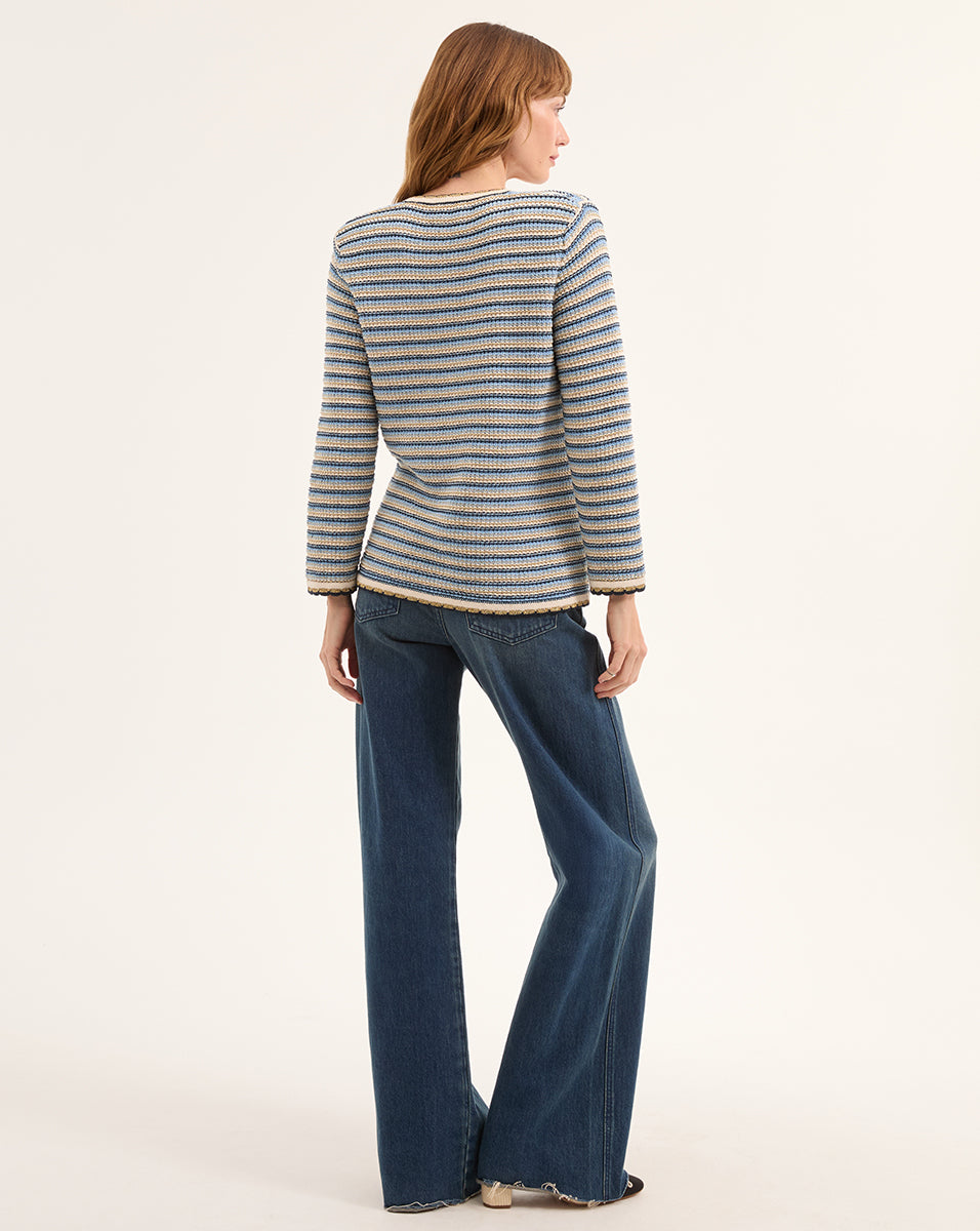 Striped Cotton Knit Jacket with V-Neck & Flap Pockets | Ceriani