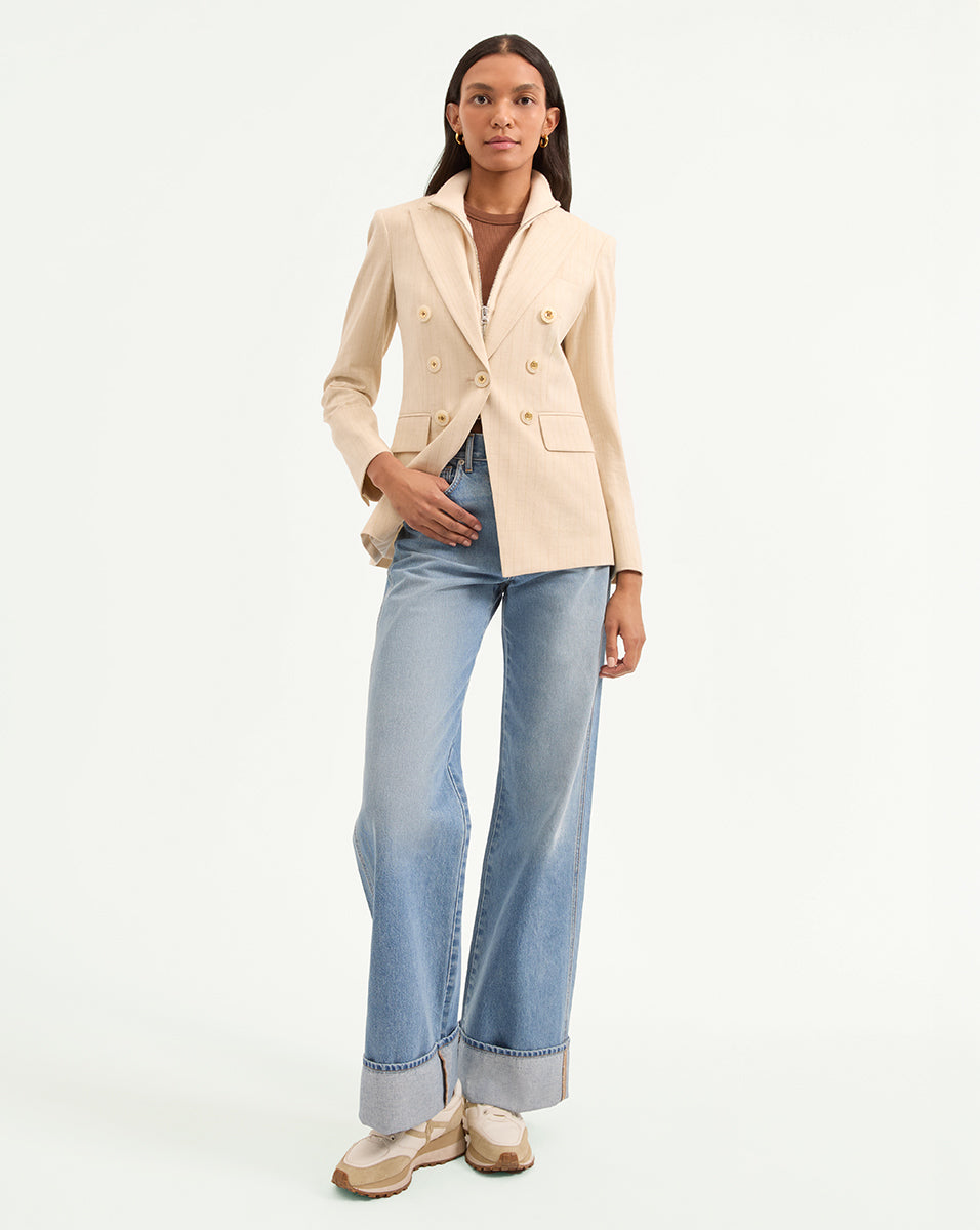 Cream Pinstripe Dickey Jacket with Peak Lapel | Gaya