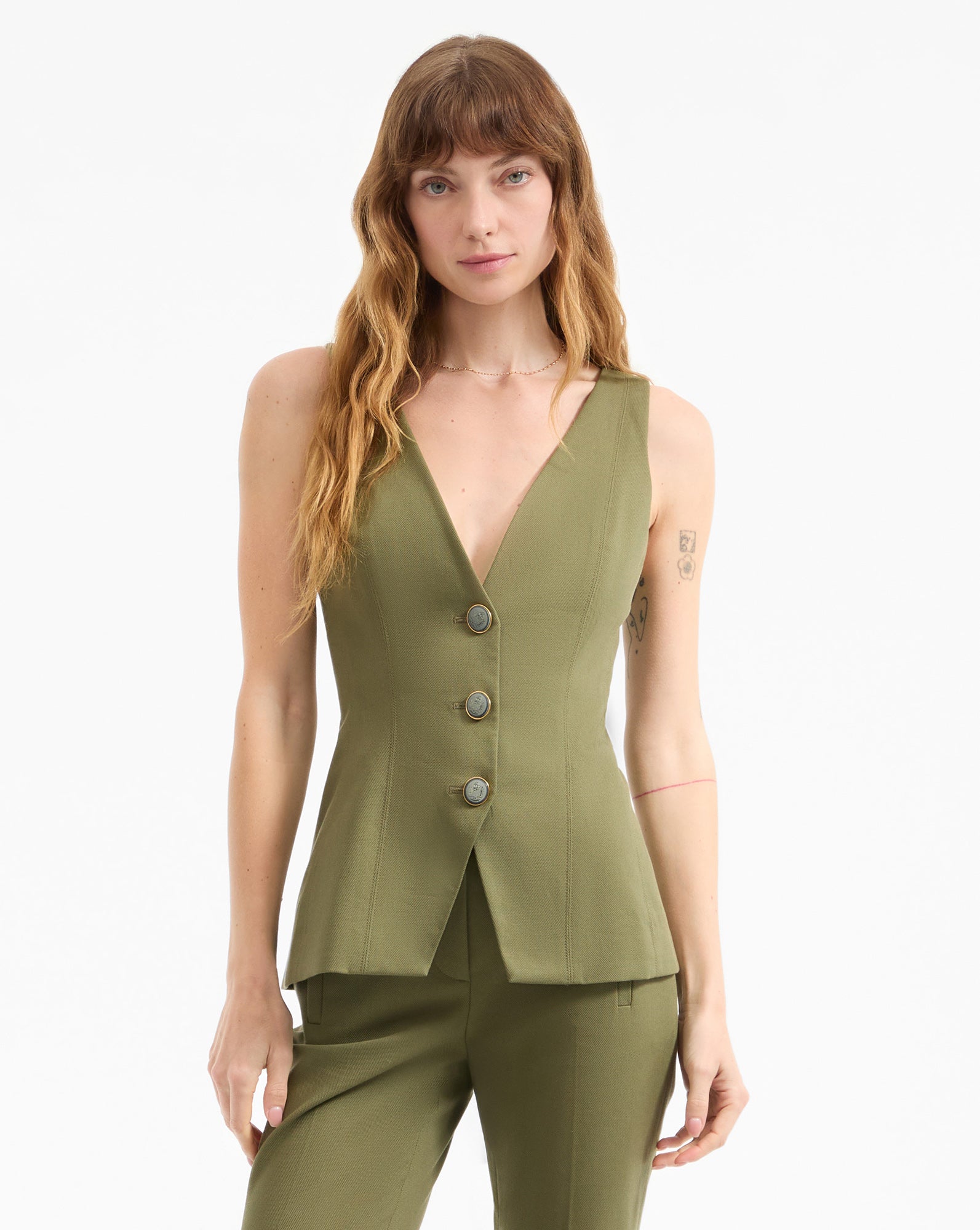 Women's Stretch-Cotton Button-Up Vest with V-Neck | Avalina