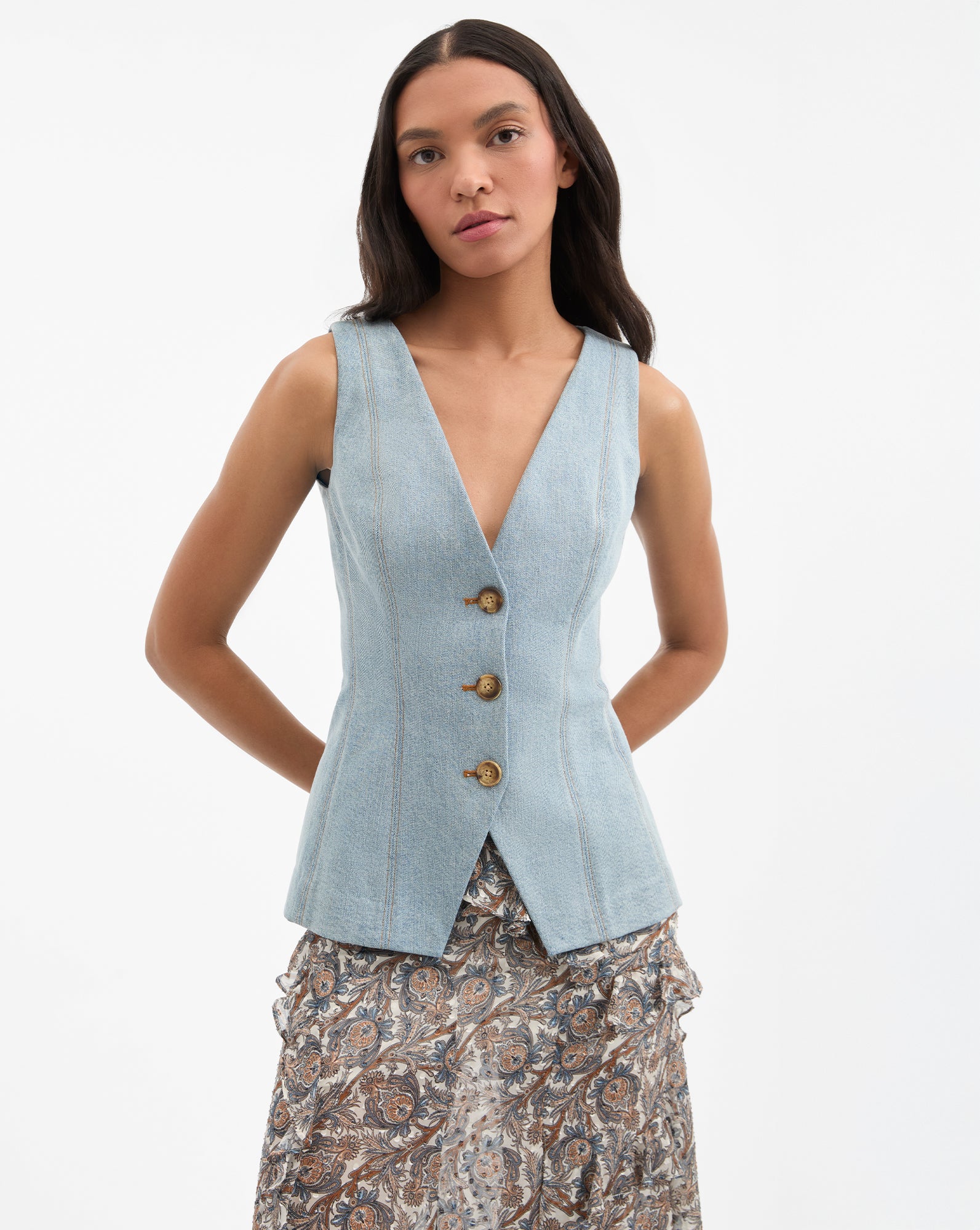 Women's Stretch-Cotton Button-Up Vest with V-Neck | Avalina