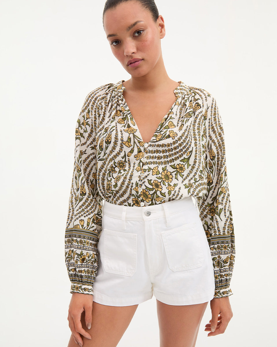 Linen V-Neck Blouse with Floral Print & Blouson Sleeves | Ailani