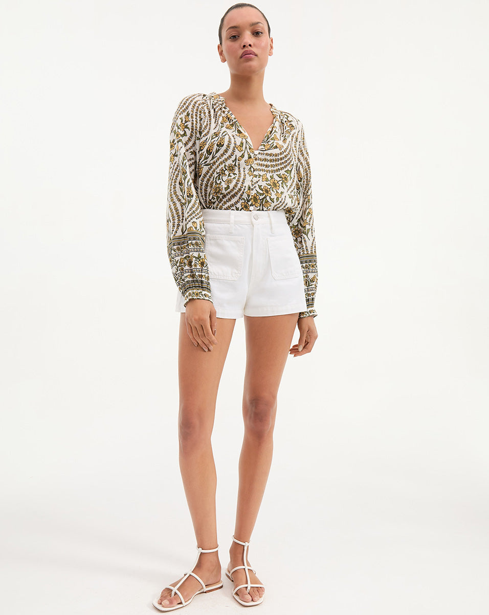 Linen V-Neck Blouse with Floral Print & Blouson Sleeves | Ailani