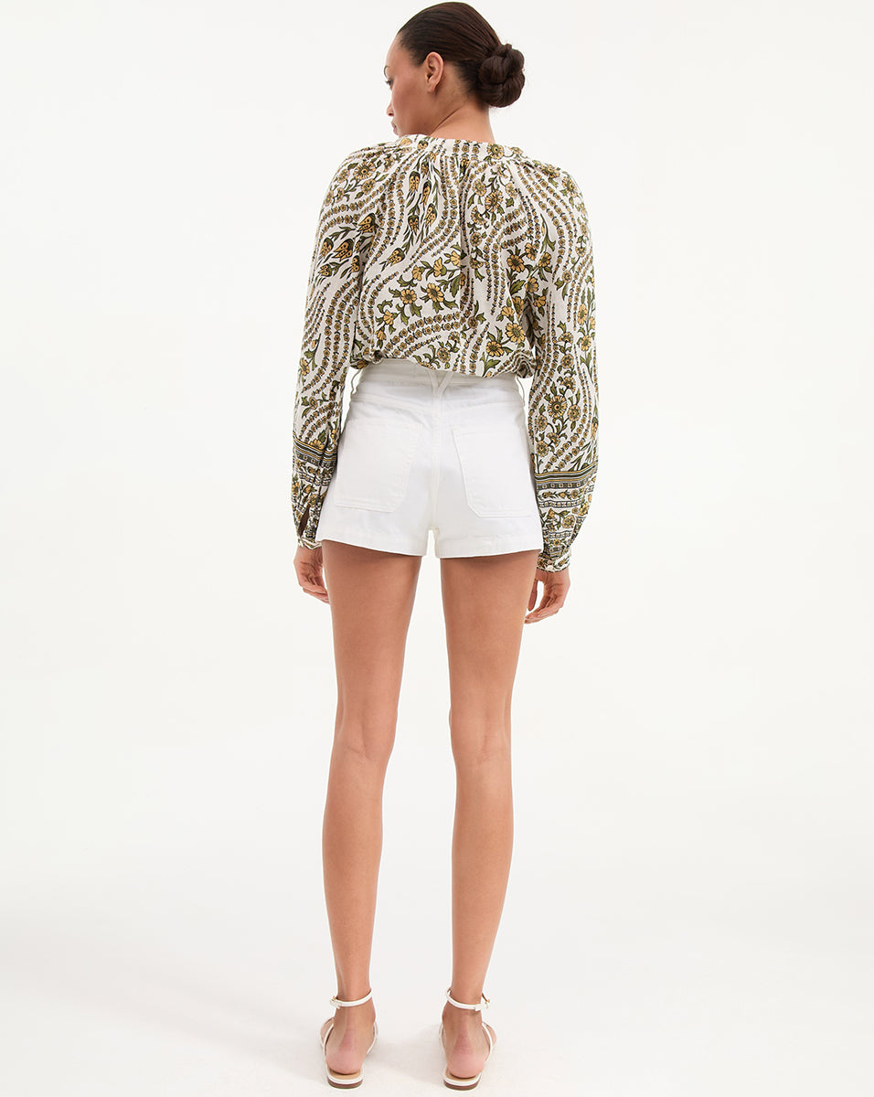 Linen V-Neck Blouse with Floral Print & Blouson Sleeves | Ailani