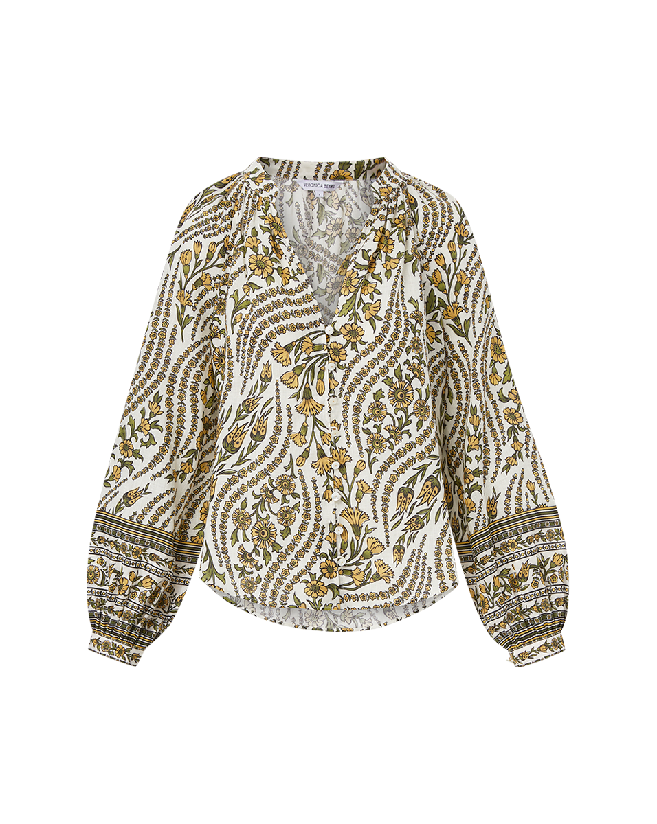 Linen V-Neck Blouse with Floral Print & Blouson Sleeves | Ailani