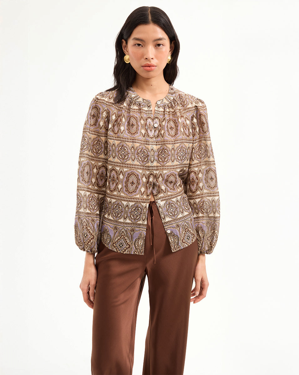 Silk-Linen Blouse with Bohemian Print & Ruching | Ashlynn Top