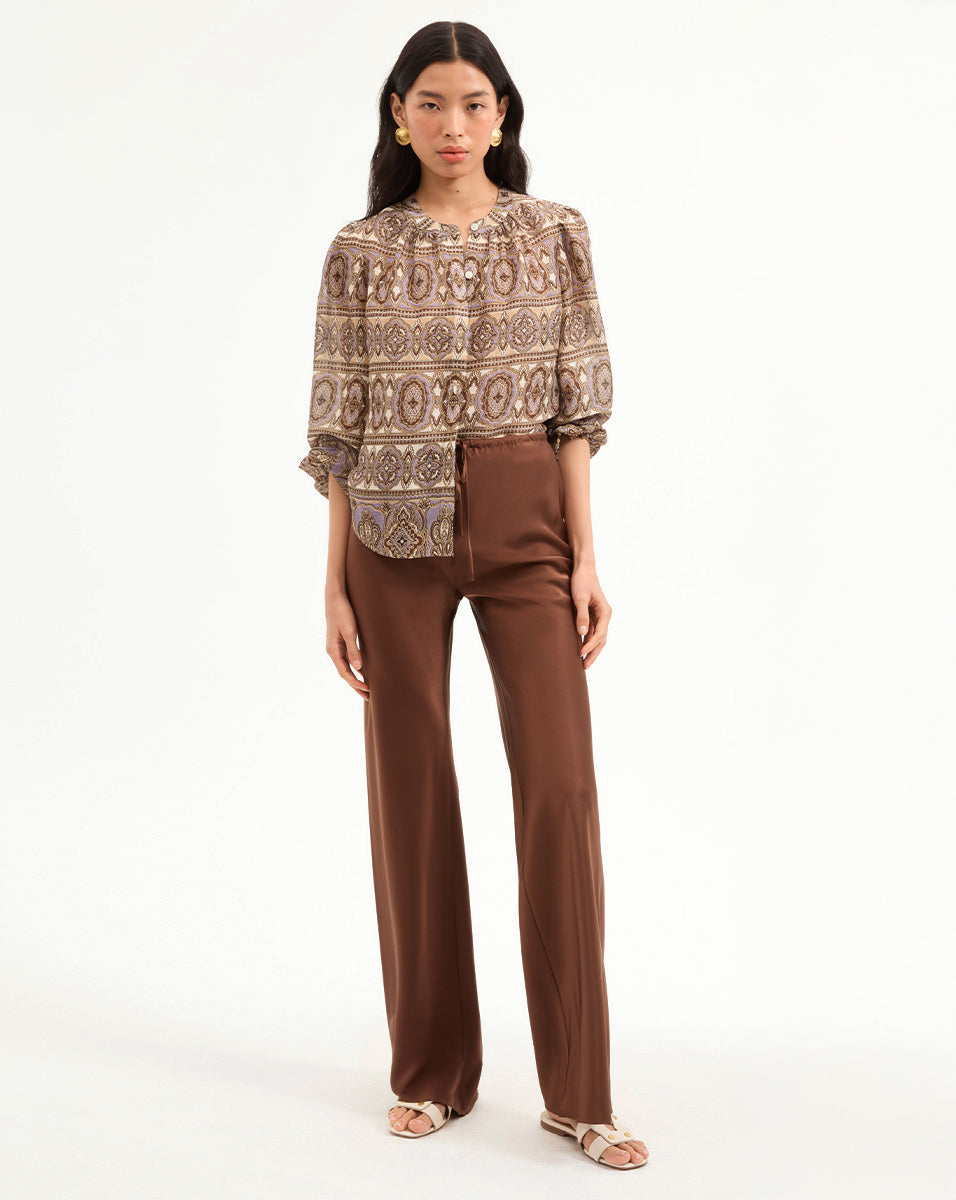 Silk-Linen Blouse with Bohemian Print & Ruching | Ashlynn Top