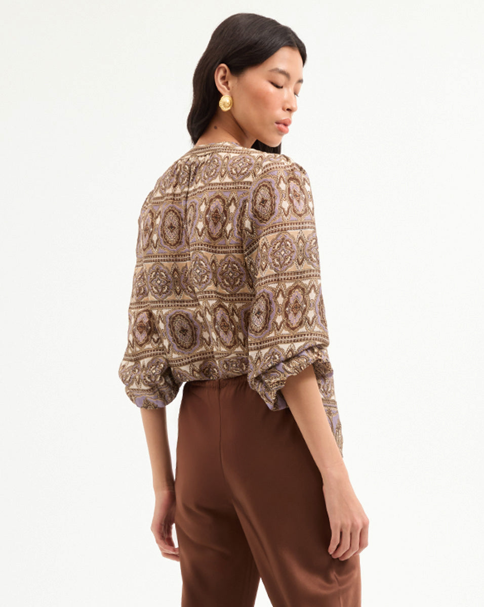 Silk-Linen Blouse with Bohemian Print & Ruching | Ashlynn Top