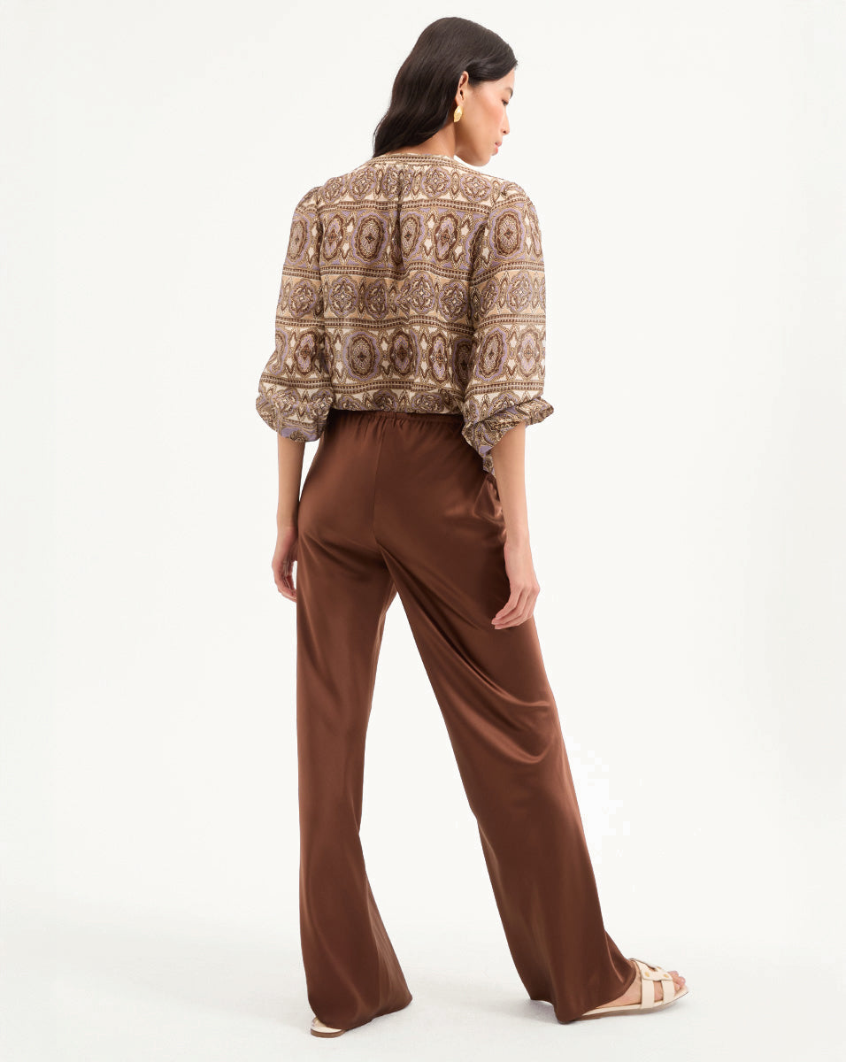 Silk-Linen Blouse with Bohemian Print & Ruching | Ashlynn Top