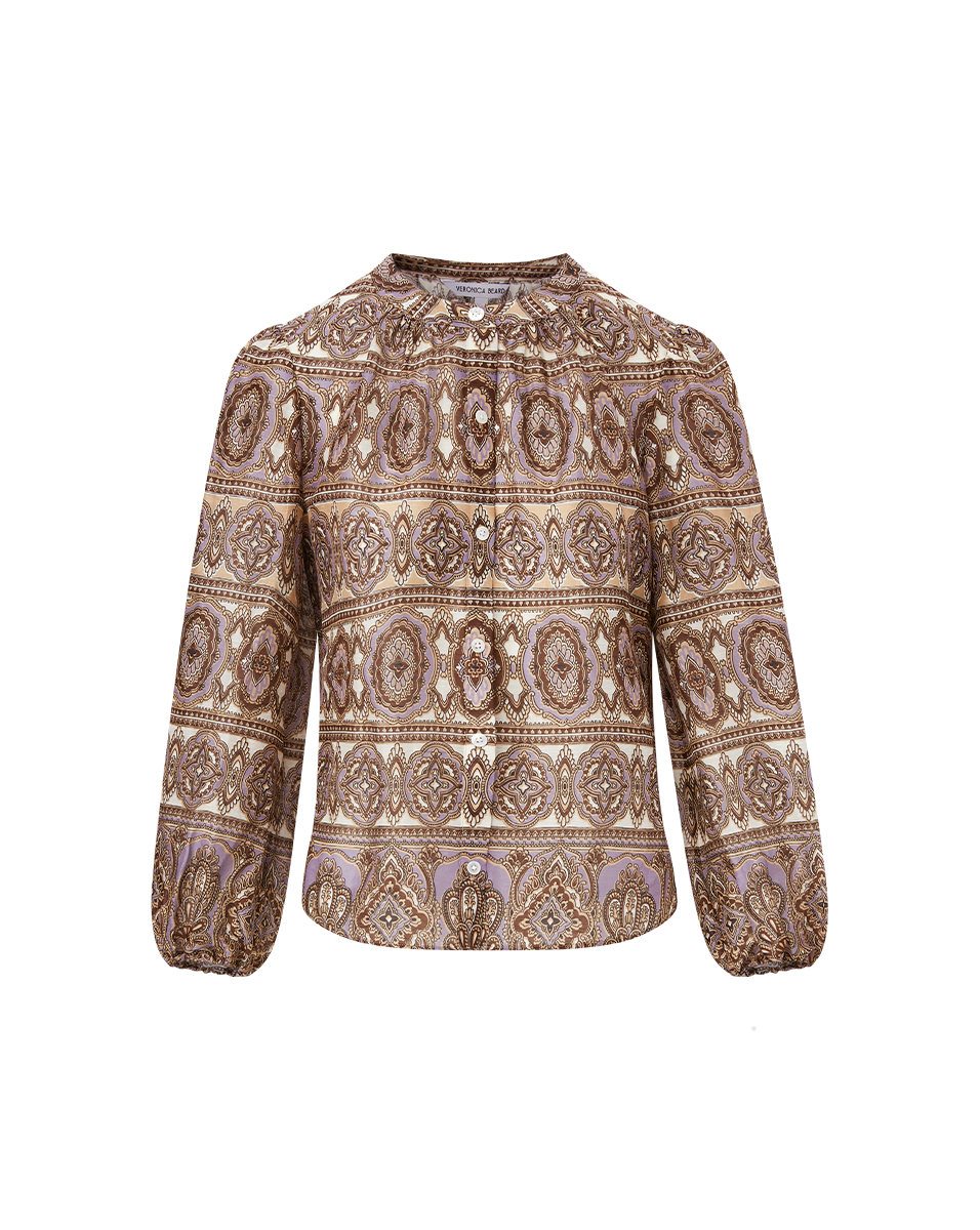 Silk-Linen Blouse with Bohemian Print & Ruching | Ashlynn Top