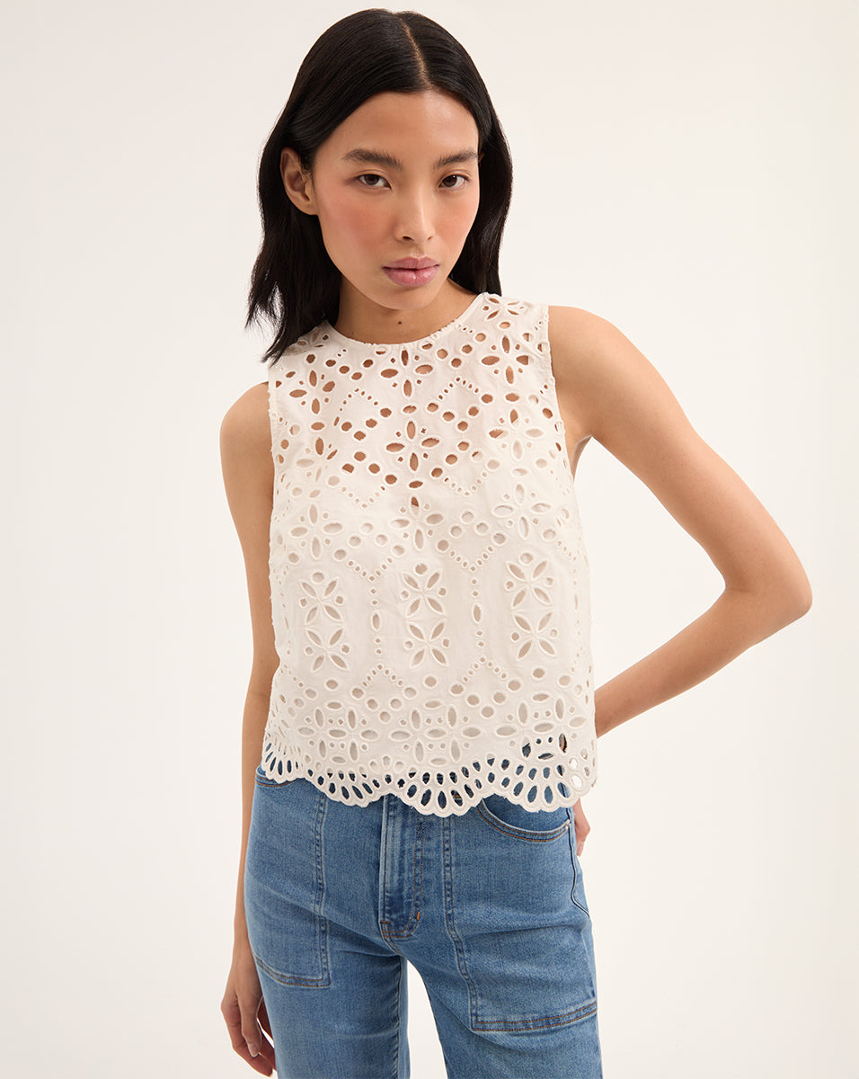 Eyelet Cotton Tank Top with Scalloped Hem | Adelyn