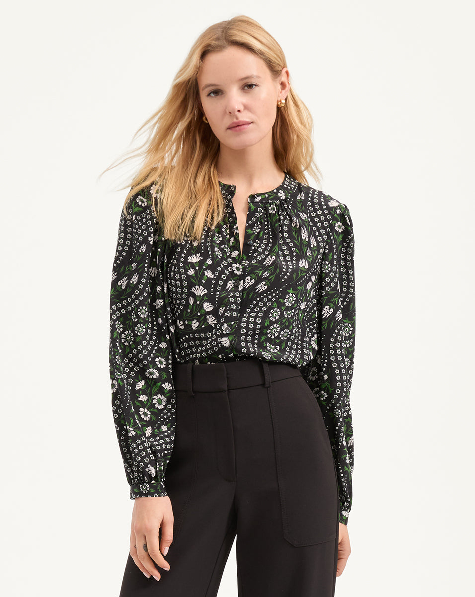 Silk Blouse with Floral Print & Blouson Sleeves | Ashlynn
