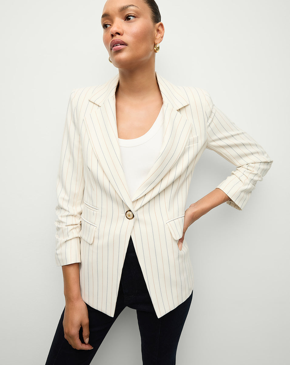Pinstriped Blazer with Stretch & Pre-Ruched Sleeves | Battista