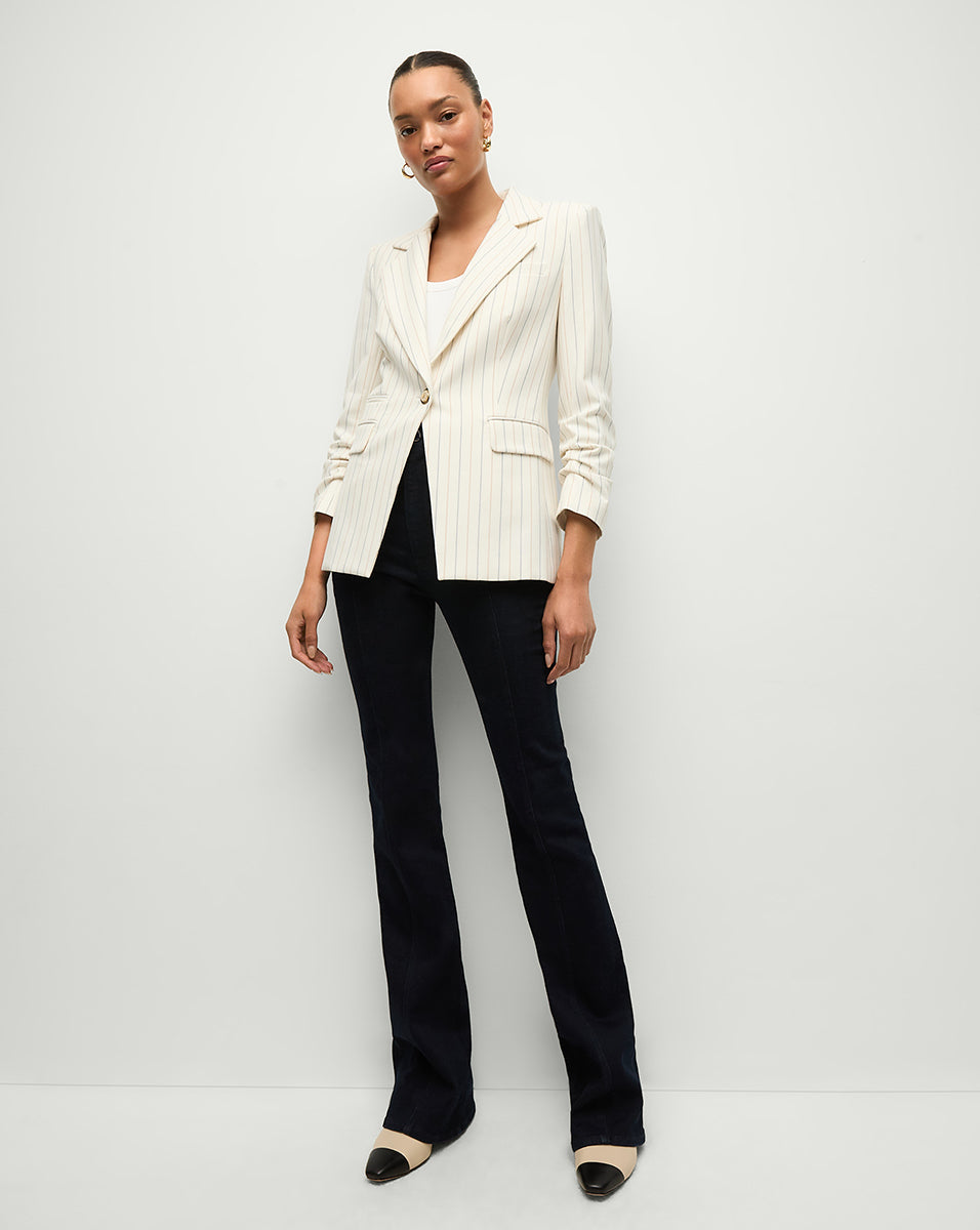 Pinstriped Blazer with Stretch & Pre-Ruched Sleeves | Battista