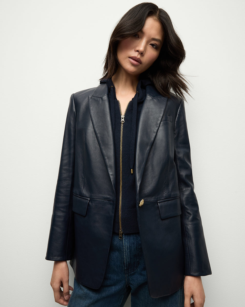 Vega Leather Blazer Jacket with Peak Lapel & Dickey | Lambskin